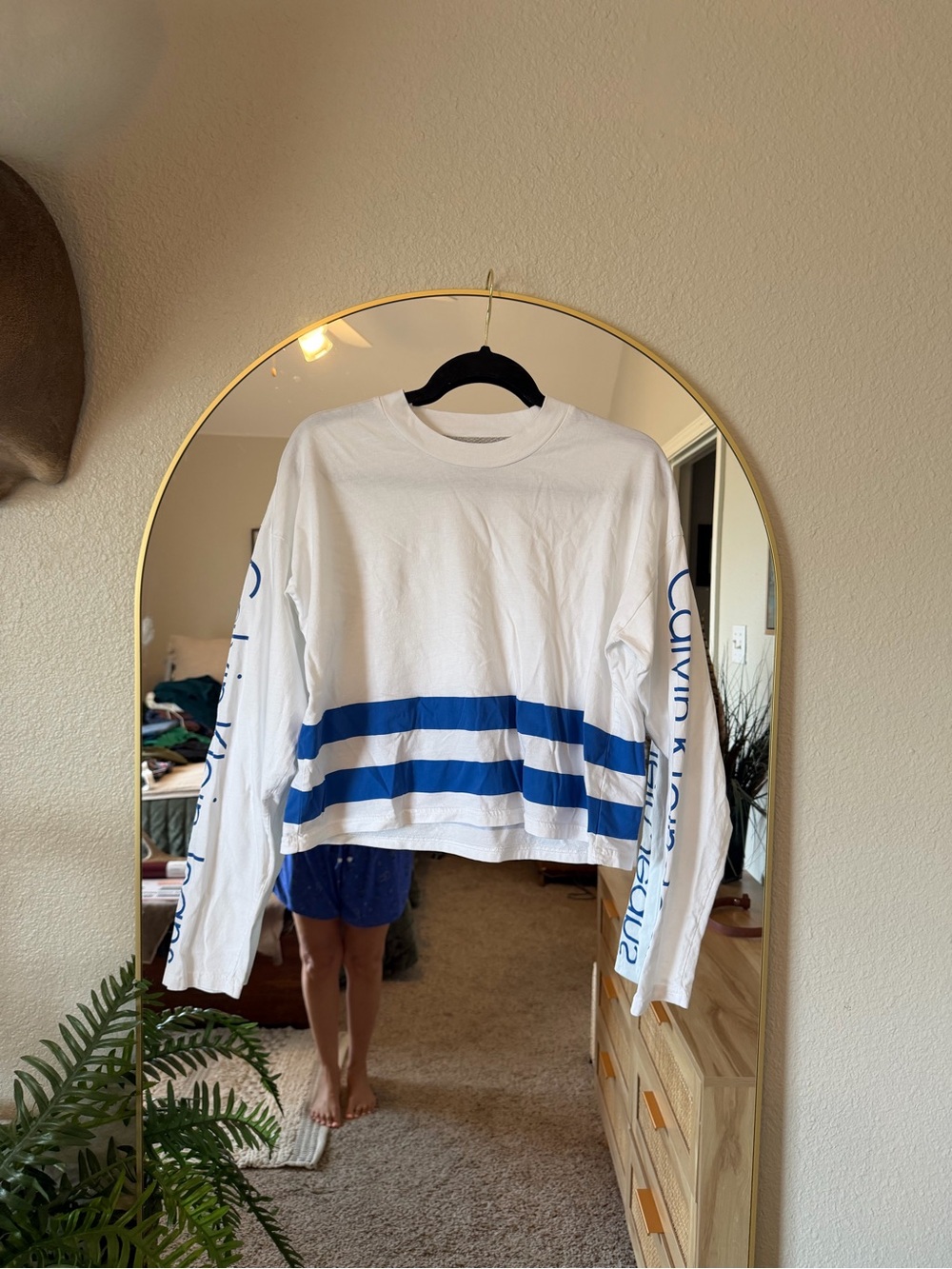 Calvin Klein Jeans White Long-Sleeve Tee with Blue Stripes